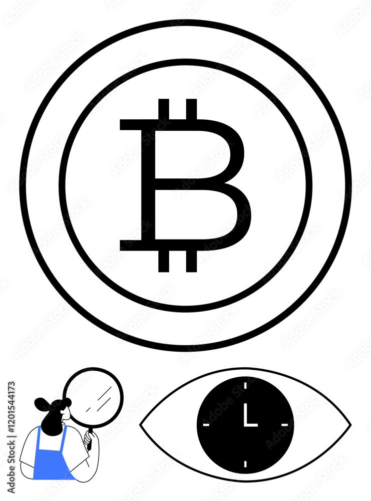 Bitcoin logo encircled in bold lines, a person using a magnifying glass, and an eye with clock. Ideal for cryptocurrency, blockchain, finance, time value, research, security abstract line flat Bitcoin logo encircled in bold lines, a person using a magnifying glass, and an eye with clock. Ideal for cryptocurrency, blockchain, finance, time value, research, security abstract line flat