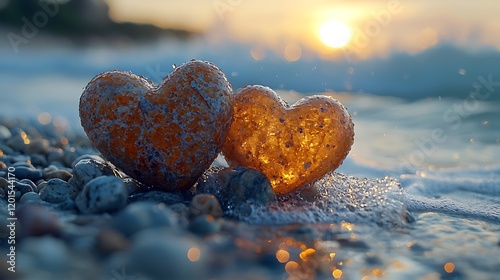Two Glass Hearts Sunset Beach Ocean Waves Pebbles Romance