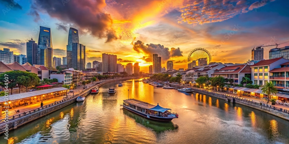 Fototapeta premium Stunning Singapore Clarke Quay Waterfront at Sunset, River, Boats, Buildings