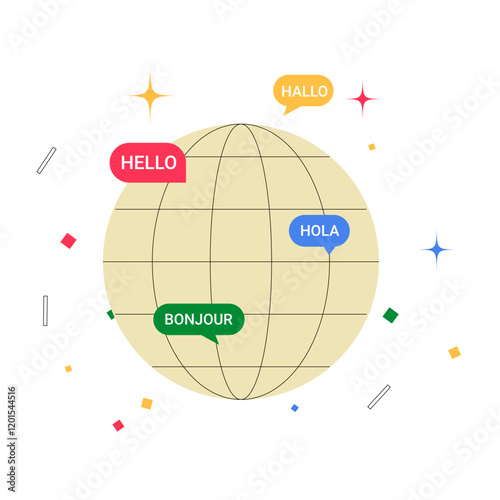 Globe With Language Speech Bubbles In Flat Vector Illustration Symbolizing Globalization, Multilingual Communication, And Language Education, Isolated On White Background.