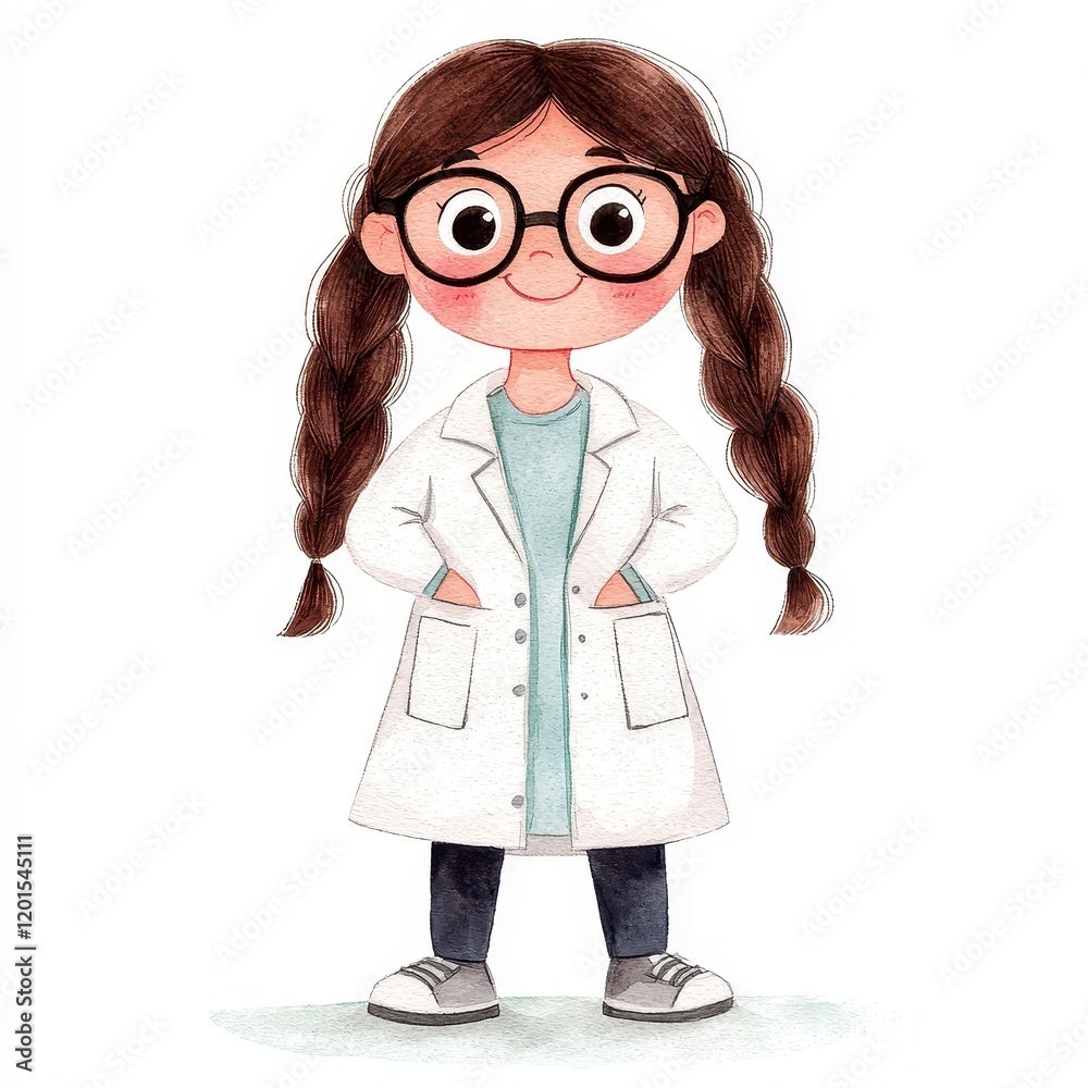 Adorable Little Girl Scientist in Lab Coat Braids and Glasses Watercolor Illustration Adorable Little Girl Scientist in Lab Coat Braids and Glasses Watercolor Illustration
