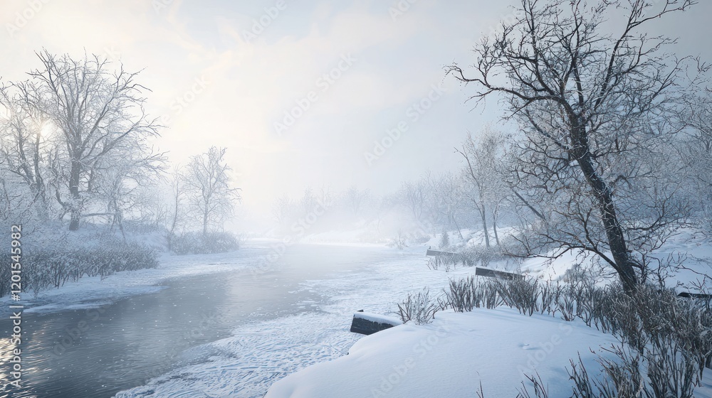 Winter Wonderland: Serene River in Frosty Forest Winter Wonderland: Serene River in Frosty Forest