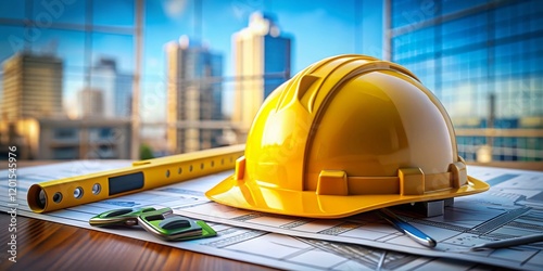 Stylish Construction Site Logo: Helmet & Gear, High Depth of Field Stock Photo photo