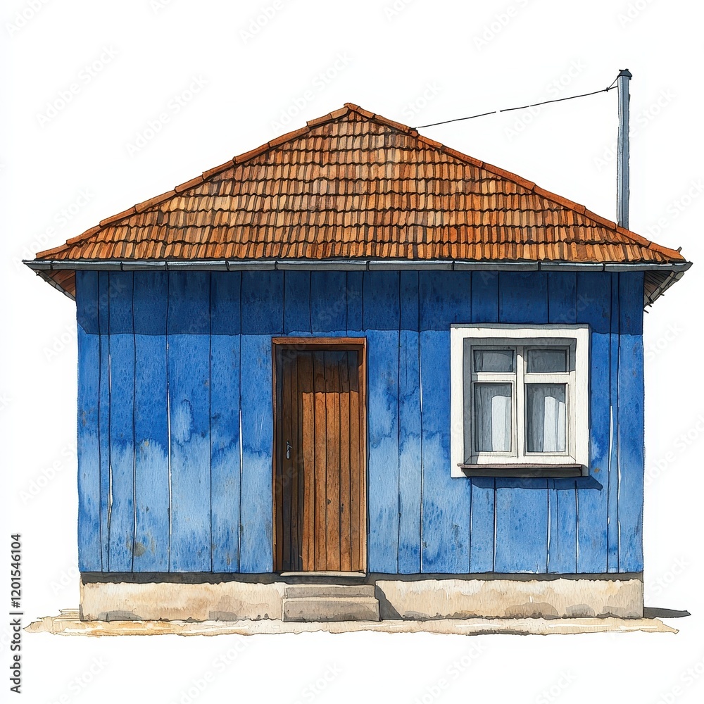 Quaint Blue Wooden House Exterior with Brown Door and Tile Roof Architectural Illustration Quaint Blue Wooden House Exterior with Brown Door and Tile Roof Architectural Illustration