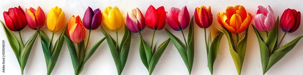 Vibrant tulips arranged in a spectrum of colors contrasting beautifully on a white surface Vibrant tulips arranged in a spectrum of colors contrasting beautifully on a white surface