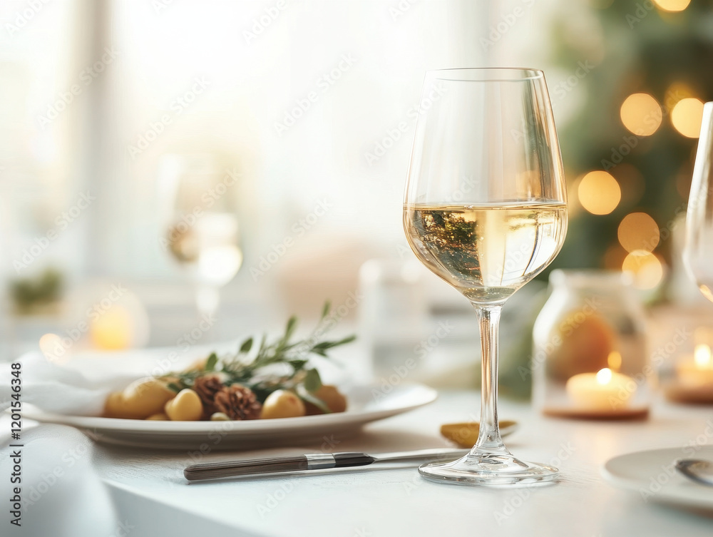 modern family dinner setting featuring glass of white wine, beautifully arranged plate with food, and soft candlelight creating warm atmosphere modern family dinner setting featuring glass of white wine, beautifully arranged plate with food, and soft candlelight creating warm atmosphere