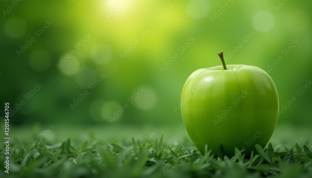  Fresh green apple on wooden table with sunlight.