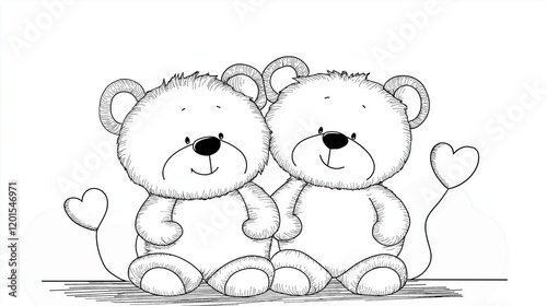 Two cute teddy bears in love sitting next to each other, simple coloring page with teddy bears and hearts