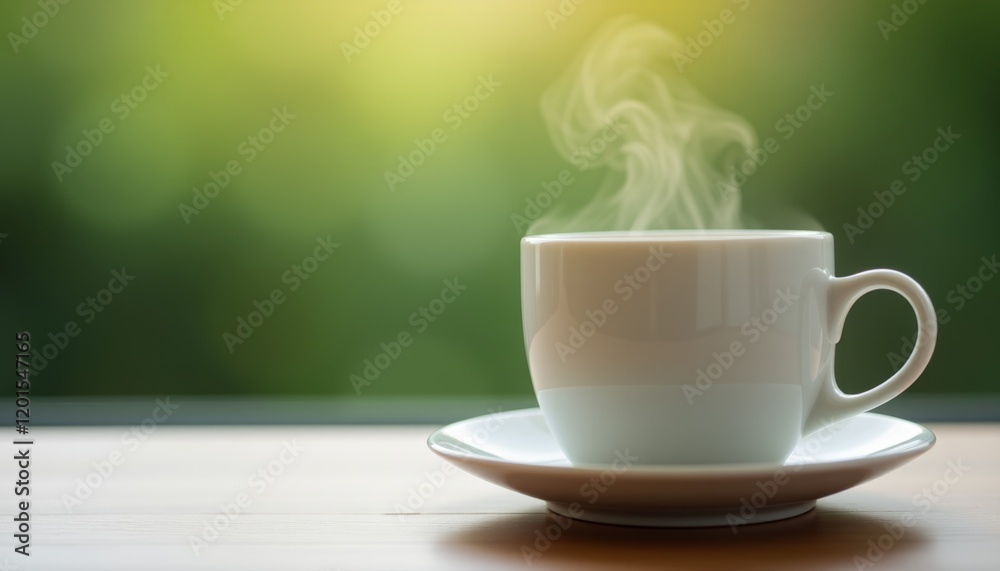 Obraz premium Steaming white cup of coffee on wooden table with greenery.