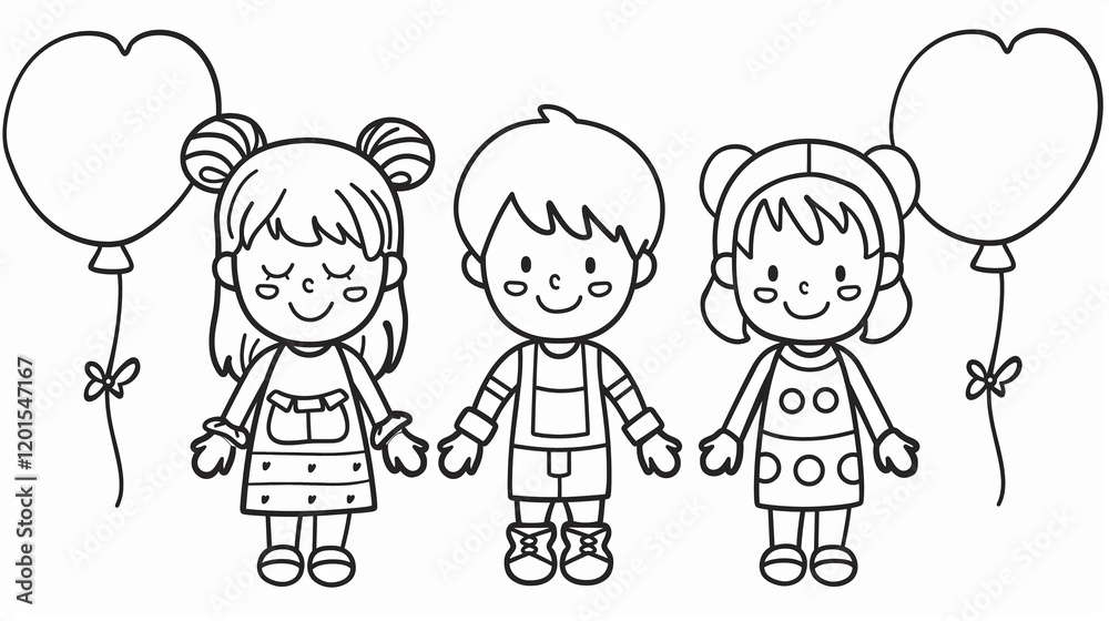 Smiling children with balloons, a children's coloring page Smiling children with balloons, a children's coloring page