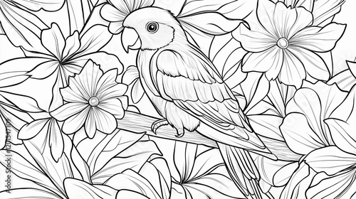 A cute parrot sits on a branch in a tropical forest with flowers and leaves, beautiful coloring page