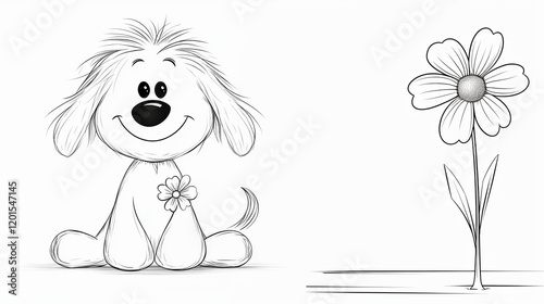 Cute puppy sitting with a flower, a coloring page for kids
