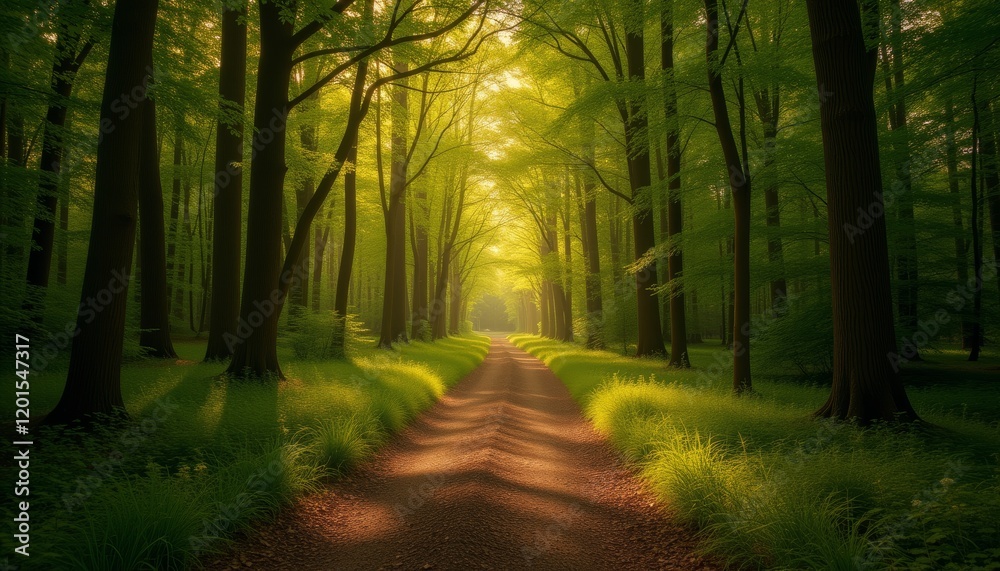 Obraz premium Forest path with sunlight streaming through lush green trees
