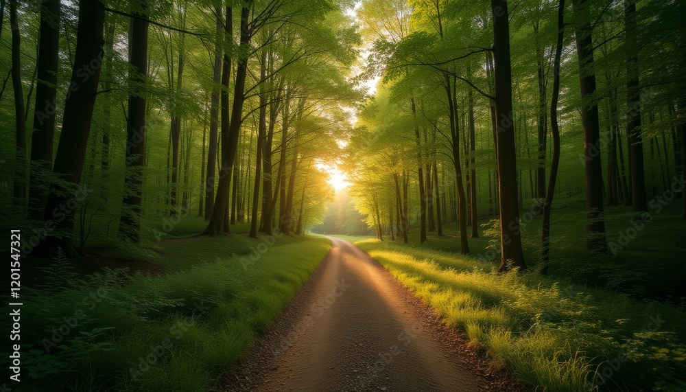 Obraz premium Forest path with sunlight streaming through lush green trees