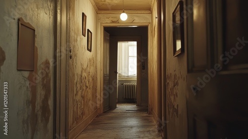 Abandoned Hallway, Decaying Walls, Old Pictures, Dim Light