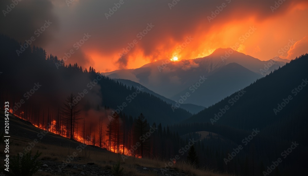 Obraz premium Wildfire spreading through a forested hillside at night