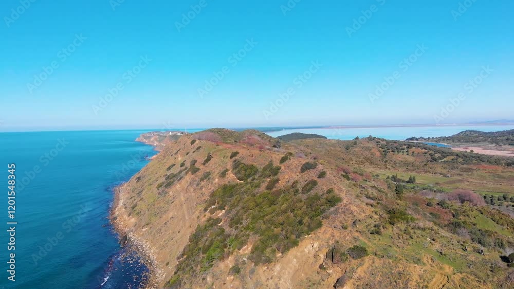 Porto Novo Beach, Zvernec, Vlore, Albania - Aerial Drone View of the Rocky Coastline Porto Novo Beach, Zvernec, Vlore, Albania - Aerial Drone View of the Rocky Coastline