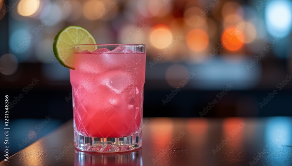 Refreshing pink cocktail with lime garnish on a wooden table Refreshing pink cocktail with lime garnish on a wooden table