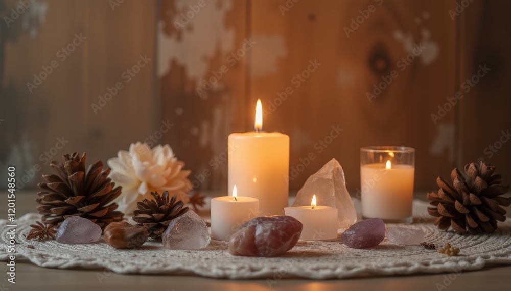 Candle with pinecones and stones on a rustic wooden table Candle with pinecones and stones on a rustic wooden table