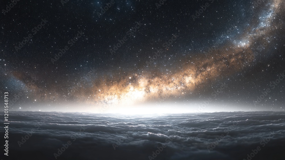 Celestial Cloudscape: A breathtaking view of the Milky Way galaxy arching over a boundless sea of clouds, a cosmic panorama of serene beauty and wonder. Celestial Cloudscape: A breathtaking view of the Milky Way galaxy arching over a boundless sea of clouds, a cosmic panorama of serene beauty and wonder.