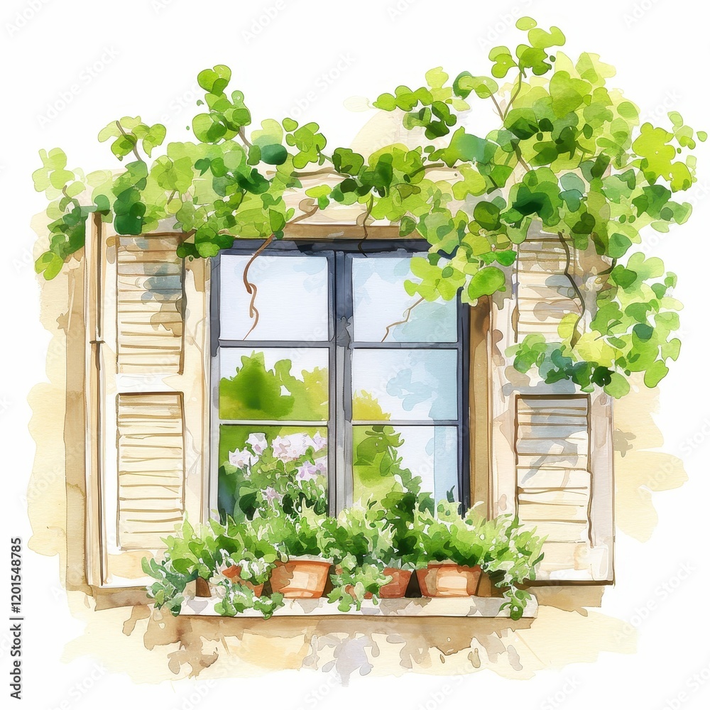Fototapeta premium Charming Window with Shutters Blooming Plants Vines Watercolor Style