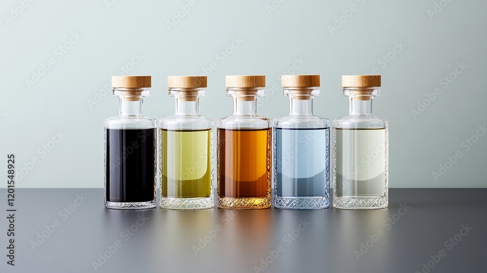Elegant Array of colorful glass bottles of attar with ornate golden caps placed on a reflective black surface with a soft glow Eid gift ideas Elegant Array of colorful glass bottles of attar with ornate golden caps placed on a reflective black surface with a soft glow Eid gift ideas