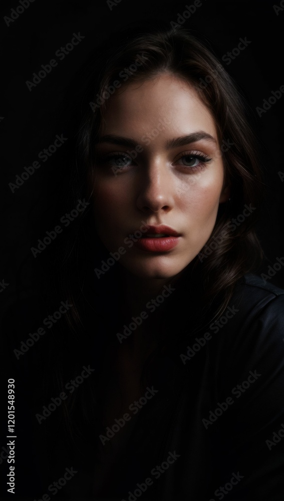 A young woman with fair skin and long, dark brown hair, partially illuminated against a black background. A young woman with fair skin and long, dark brown hair, partially illuminated against a black background.