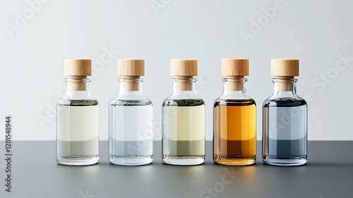 Elegant Array of colorful glass bottles of attar with ornate golden caps placed on a reflective black surface with a soft glow Eid gift ideas  photo