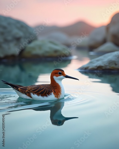 Spoon Billed Sandpiper Swimming Water Sunset Dusk Rocks Mountains

 photo