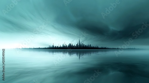 Futuristic city skyline, stormy sky, calm water reflection, dystopian backdrop; website banner photo