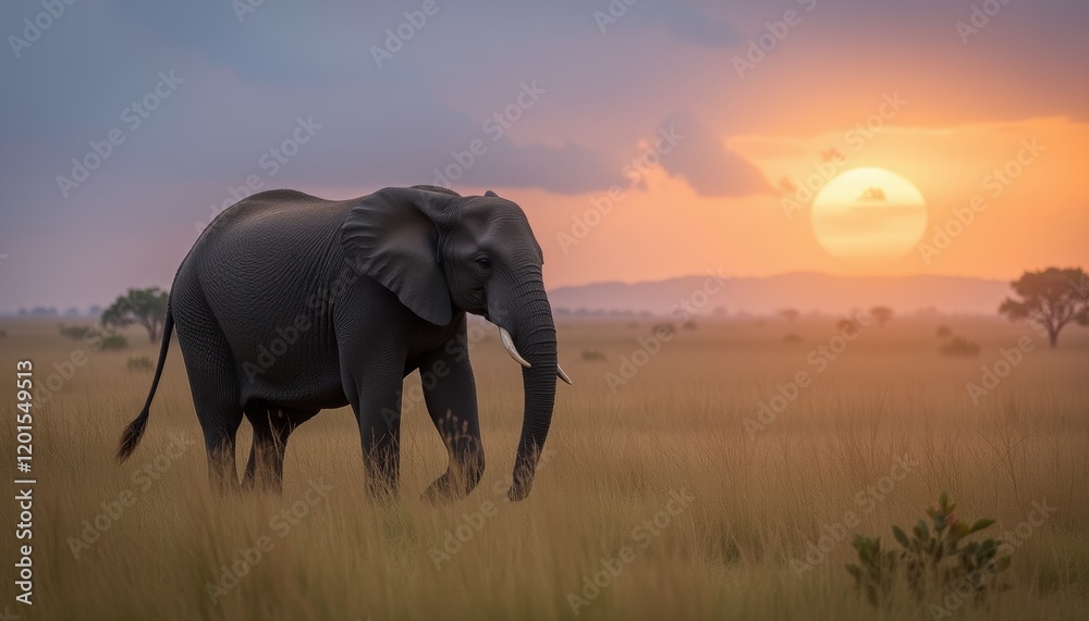 Fototapeta premium Elephant walking through a golden savanna at sunset
