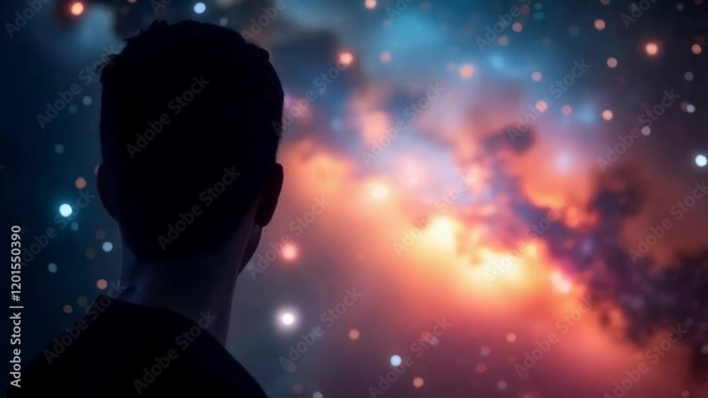 Dreams and thoughts reflected in a man’s silhouette against a cosmic galaxy Dreams and thoughts reflected in a man’s silhouette against a cosmic galaxy