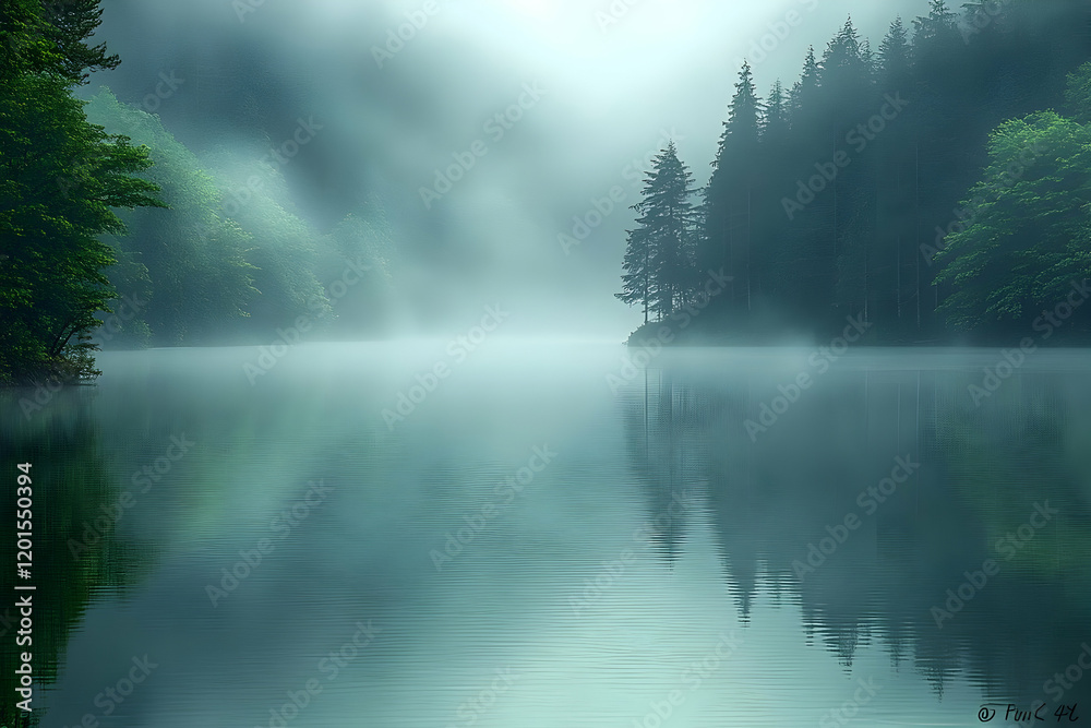 Misty Lake at Dawn: A Serene and Peaceful Nature Scene Misty Lake at Dawn: A Serene and Peaceful Nature Scene