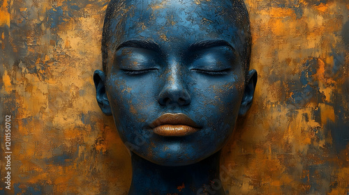 Abstract portrait of a blue textured face with golden accents