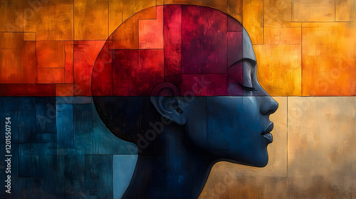 Profile of a blue face with red and yellow geometric abstract background
