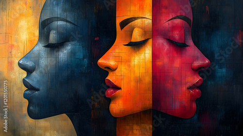 Dual profile portrait in blue and red tones with abstract textures
