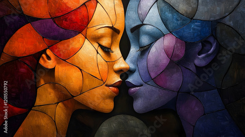 Mosaic portrait of two faces in orange and blue tones