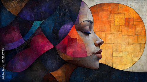 Colorful profile portrait with abstract hair and golden circle