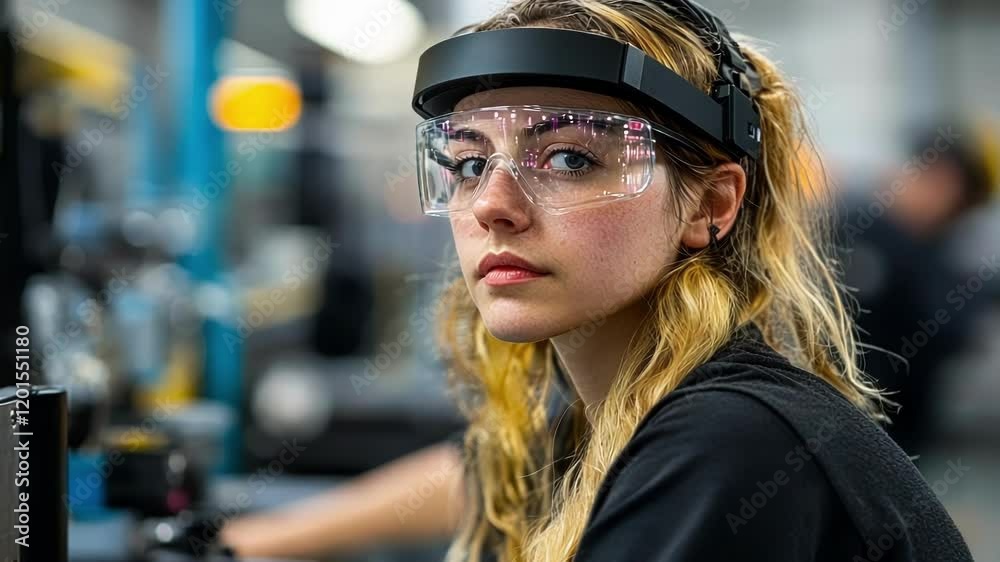 An assembly line worker interacts with an augmented reality headset receiving personalized instructions based on sensor data while machinery operates seamlessly in the background. An assembly line worker interacts with an augmented reality headset receiving personalized instructions based on sensor data while machinery operates seamlessly in the background.