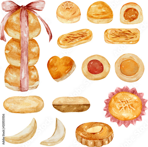 Watercolor illustration of nastar cookies, kastengel cookies, lidah kucing cookies, kue kacang cookies, putri salju cookies and thumprint cookies for eid al fitr