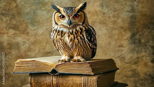 Wallpaper Mural Owl perched quietly ancient books.wise bird observes vintage setting.nocturnal raptor scholarly pose.Feathered creature old literature.Night predator faded canvas.Historical ambiance intellectual Torontodigital.ca