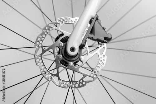 A close up of a bicycle's rear wheel with a silver chain and sprockets. Concept of motion and energy, as if the bicycle is in the process of being ridden