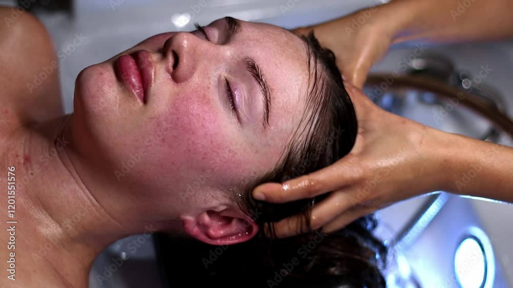 young woman having spa treatment with Japanese head massage and hair washing in slow motion, pampering, luxurious beauty treatment in a shampoo stand