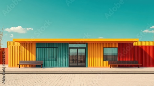 Intermodal container flat design front view, 3D render, Split complementary color scheme  photo