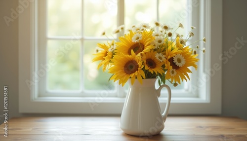 Wallpaper Mural Sunflowers and daisies in a white jug near a bright window Torontodigital.ca