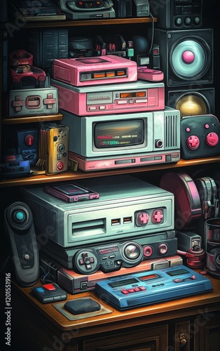 Colorful Vector Illustration of Retro Video Game Consoles and Controllers on a Dark Background

