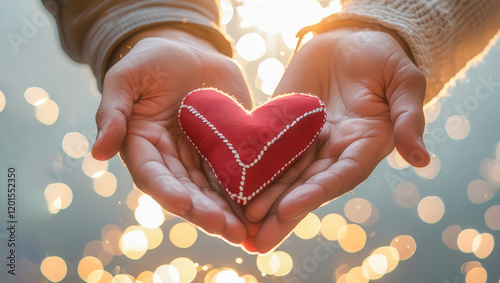 A man's hand holding a small embroidered heart, against the background of the sun's rays with highlights of light bokeh, concept of love, care, affection,marriage proposal
