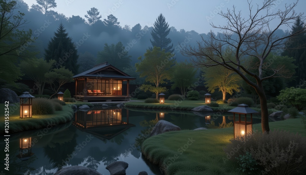 Fototapeta premium Tranquil Japanese garden with lanterns at twilight