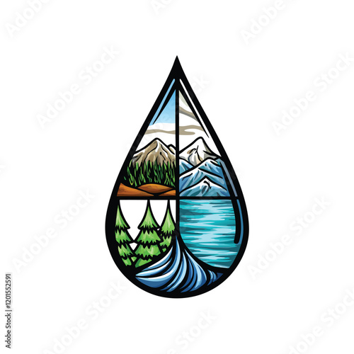 A single raindrop, magnified, is divided into sections revealing its internal structure. Each section displays a different stage of the water cycle, from evaporation to condensation.