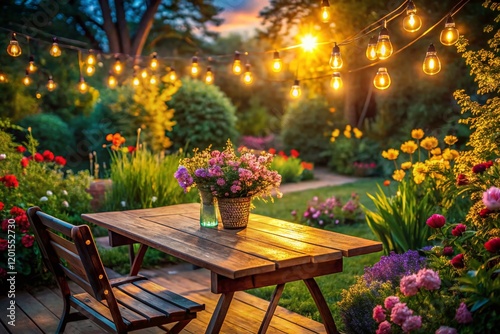 Wallpaper Mural Sunny Spring Garden: Wooden Table Night Photography Stock Photo Torontodigital.ca